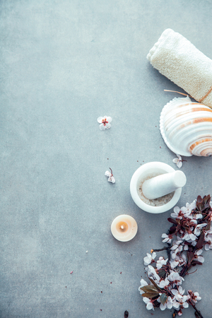 Spa natural concept. Dayspa cosmetics products. Spa and wellness setting.の写真素材