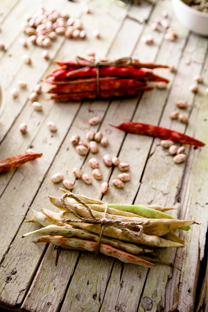 Healthy vegetarian food. Collection of beans. Freshly harvested beans variety. Beans on tableの写真素材