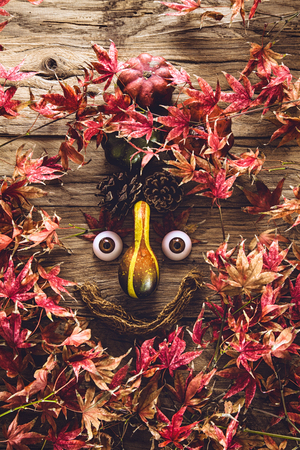 Autumn leaves. Fall red leaves on wood. Nature background. Funny face on woodの写真素材