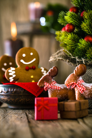 Christmas decoration. Santa Claus and reindeer with Christmas tree, presents and gingerbread man.の写真素材