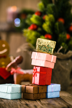 Christmas decoration. Christmas presents on wood. Xmas Giftsの写真素材