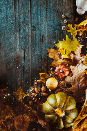 Thanksgiving dinner. Autumn fruit with plate and cutlery. Thanksgiving autumn backgroundの写真素材