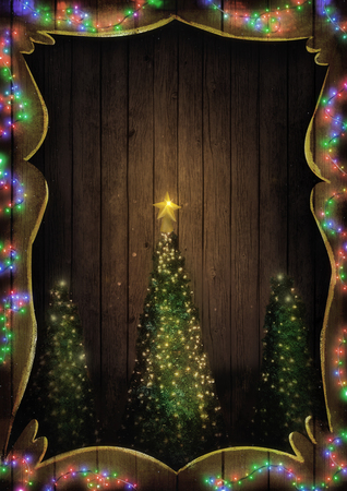 Christmas fairy lights on wood. Christmas tree illuminated.  Background with string lights and pine tree. Fir branchesの写真素材