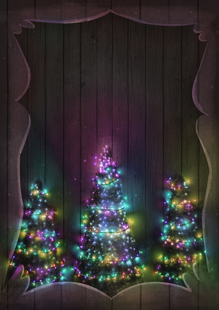 Christmas fairy lights on wood. Christmas Greeting card. Background with string lights and pine tree.の写真素材
