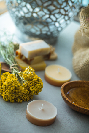 Spa natural concept. Dayspa cosmetics products. Spa and wellness setting.の写真素材