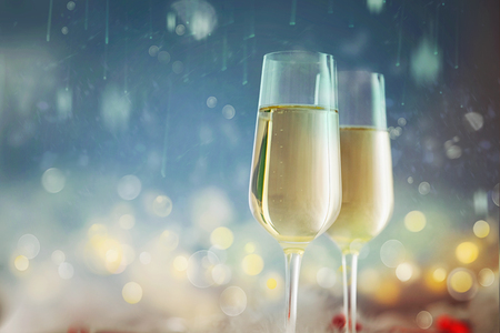 Golden Holiday abstract defocused background with glowing stars and Champagne.の写真素材