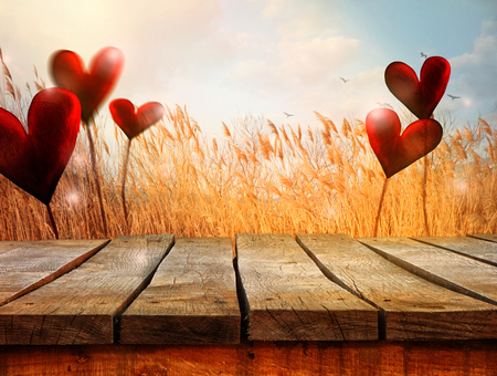 Valentines day. Valentines background with table and bokeh. Love red background. Valentines day empty displayの写真素材