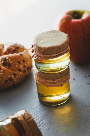 Healthy breakfast variety. Honey with fruit and breadの写真素材