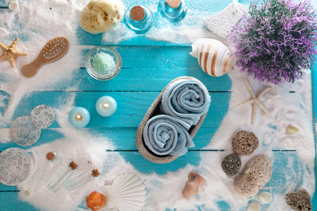 Spa and wellness setting with flowers and towels. Dayspa nature products. Sea spaの写真素材