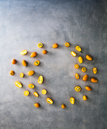 Orange fruit variety. Fruit assortment. Flat lay of fruitの写真素材