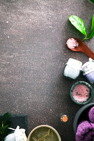 Dayspacosmetics products. Spa and wellness setting.  Spa amd wellness products. Top view, flatlay oveheadの写真素材