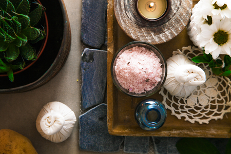 Spa and wellness. Spa products in natural setting Overhead flatlay of Spa treatmentの写真素材