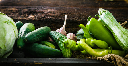 Fresh vegetables on wood.. Food layout. Vegetables varietyの写真素材