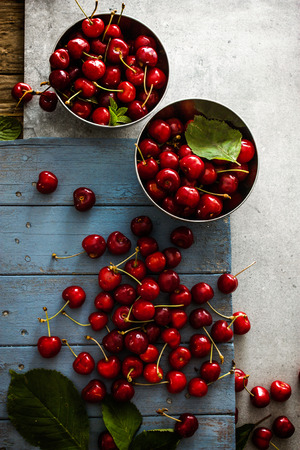 Fresh cherries on wood. Fresh organic fruit. Red cherriesの写真素材