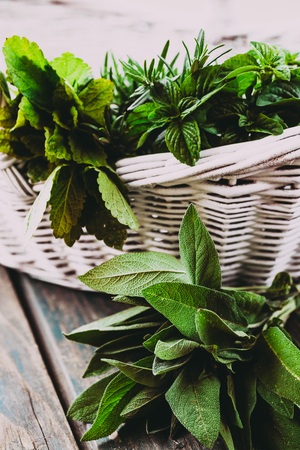 Fresh herbs. Melissa, rosemary and mint in rustic setting. Spices on woodの写真素材