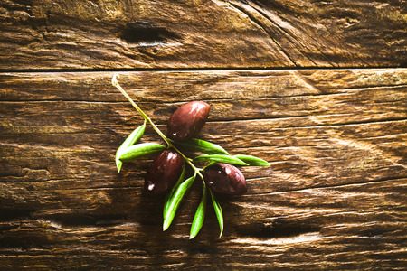 Olives on olive branch. Wooden table with olives. Old wood with olivesの写真素材