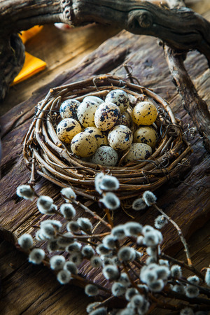 Easter table setting. Fresh eggs on plate. Spring table.の写真素材