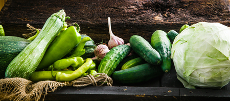 Fresh vegetables on wood.. Food layout. Vegetables varietyの写真素材