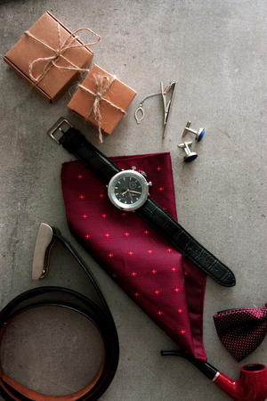 Father's day. Men things on table.  Fathers accesories. Watch on tableの写真素材