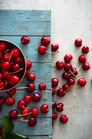 Fresh cherries on wood. Fresh organic fruit. Red cherriesの写真素材