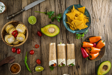 Tortilla wraps with vegetables. Mexican tortillas. Tacos with nachos and vegetablesの写真素材
