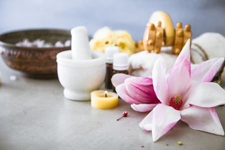 Spa natural concept. Dayspa cosmetics products. Spa and wellness setting.の写真素材