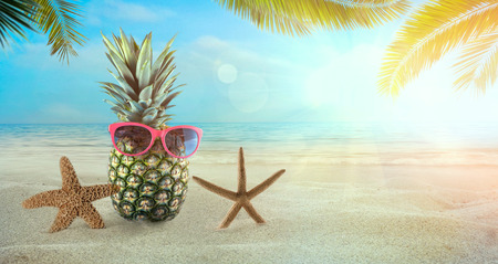 Beach summer background. Summer holidays wih pineapple, sunglasses,  star fish and palm leaves.の写真素材