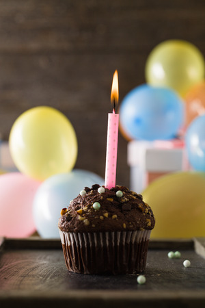 Birthday background. Birthday celebration with cupcake.の写真素材