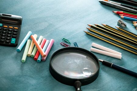 Back to school. School background with supplies. Pencils, chalk and school equipment.の写真素材