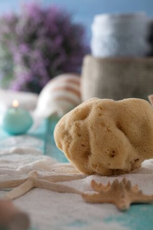 Spa and wellness setting with sponge. Dayspa nature productsの写真素材