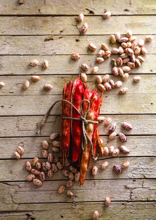 Healthy vegetarian food. Collection of beans. Freshly harvested beans variety. Beans on tableの写真素材