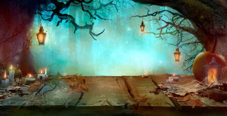 Halloween Background with Table and Lanterns in Dark Forest in Spooky Night. Halloween Design in Magical Forestの写真素材