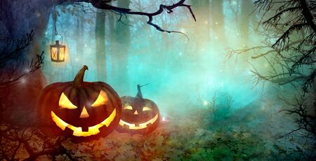 Halloween Background. Scary Pumpkins And Dark Forest. Halloween backdrop with Jack O' Lanternの写真素材
