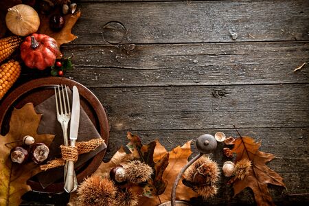 Thanksgiving dinner. Autumn fruit with plate and cutlery. Thanksgiving autumn backgroundの写真素材