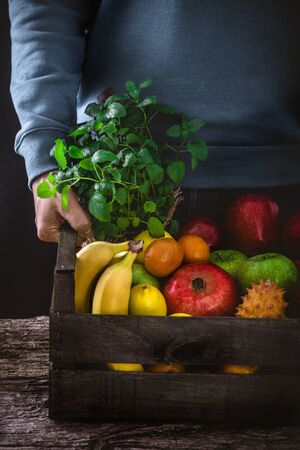 Organic fruit on wood. Farmer holding harvested fruit and vegetables. Rustic settingの写真素材