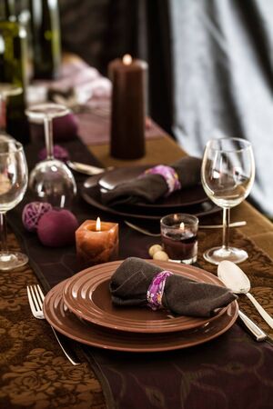 Table setting for dinner. Elegant place setting for restaurant. Wedding or Valentines dinner.の写真素材