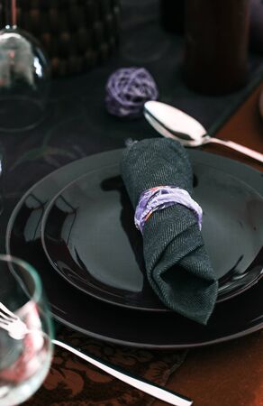 Table setting for dinner. Elegant place setting for restaurant. Wedding or Valentines dinner.の写真素材