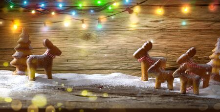 Christmas background with gingerbread cookies. Xmas gingerbread backgroundの写真素材