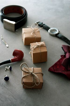 Father's day. Mens things on table.  Fathers accesories. Flatlay overhead viewの写真素材