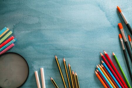 Back to school. School background with supplies. Pencils, chalk and school equipment.の写真素材