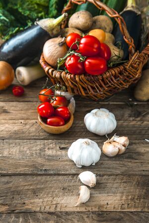 Vegetables on wood. Bio Healthy food, herbs and spices. Organic vegetables on woodの写真素材
