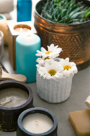 Spa and wellness. Natural soaps in with daisy flowers .Spa treatmentの写真素材