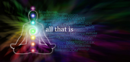Chakra Meditation Word Cloud Website Banner - wide dark banner with rainbow colored spiral and male...