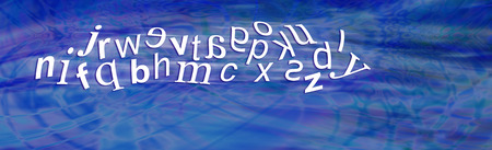 Dyslexia Alphabet with reversed letters - wide blue header with a jumbled moving complete alphabet showing six characters reversed depicting dyslexia with plenty of copy space beneathの写真素材