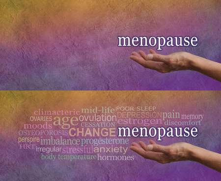 Menopause signs and symptoms - two identical banners showing a female palm up hand, one with a Menopause word cloud above, one without, on a stone effect gold to purple graduated color backgroundの写真素材