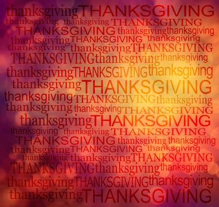 Thanksgiving word cloud background - square shape orange yellow red vignette bokeh effect background with horizontal linear thanksgiving words filling space ideal for wrapping paperの写真素材