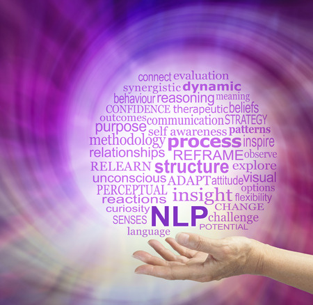 Words associated with Neuro Linguistic Programming - female hand palm up offering NLP word cloud with a magenta energy spiral in the backgroundの写真素材