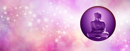 Pink Sparkling Mindfulness Buddha Banner - wide pale pink banner with a stream of glittery sparkling stars randomly flowing across and a purple circle with a buddha statue in lotus position on rightの写真素材