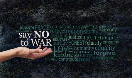 Say NO to WAR word cloud campaign banner - female hand palm up with white words Say NO to WAR floating above surrounded by a relevant word cloud on a black rough rock effect backgroundの写真素材