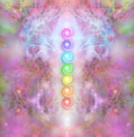 The Seven Chakras in a beautiful Energy Field  - column of the seven chakras on a beautiful ethereal intricate magenta energy formation backgroundの写真素材